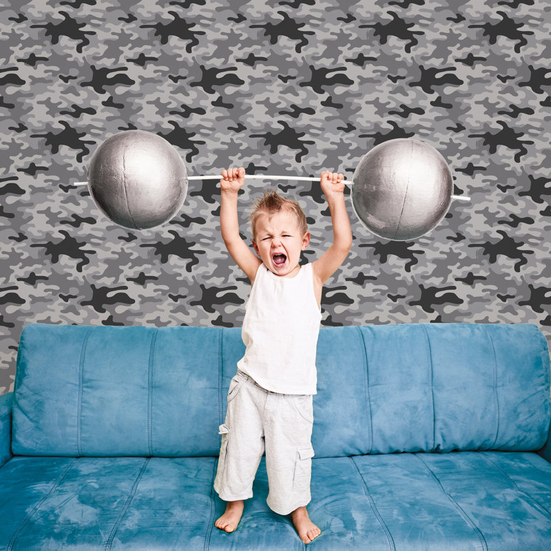 Kids and Teens Collection Camo Wallpaper Roll, Grey/Black