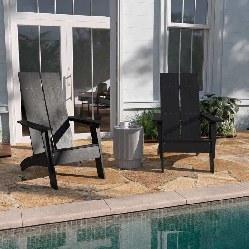  Indoor/Outdoor Modern Dual Slat Back Adirondack Style Chairs, Black