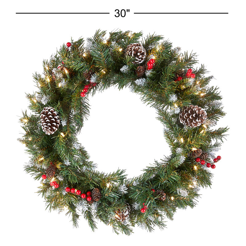 Frosted Berry Wreath with Clear Lights, 30" H x 30" W x 9" D