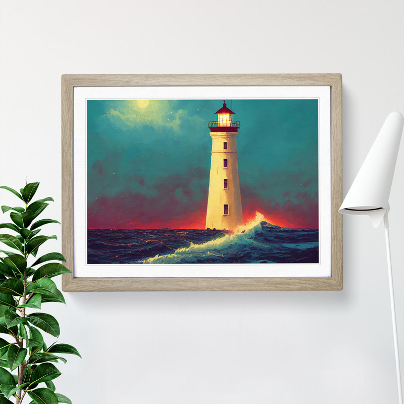 Dreamy Lighthouse - Single Picture Frame Print, 25cm H x 34cm W, Oak