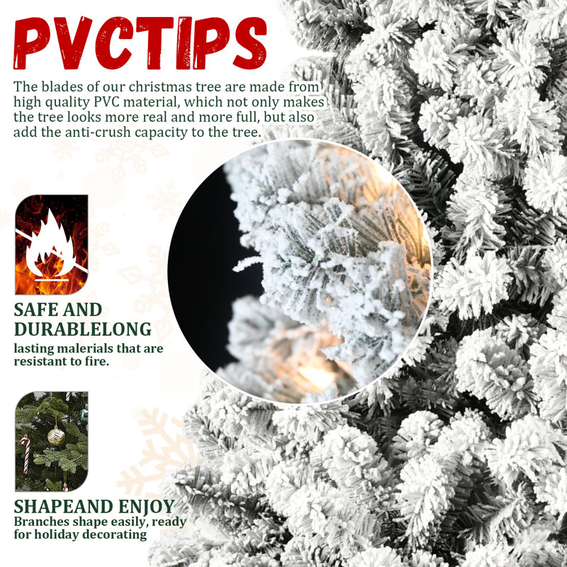 Arbre de Noël pré-éclairé 9 pi avec embouts en PVC de 1930, fil à mémoire dépliable et support en métal stable - décor des Fêtes enneigé