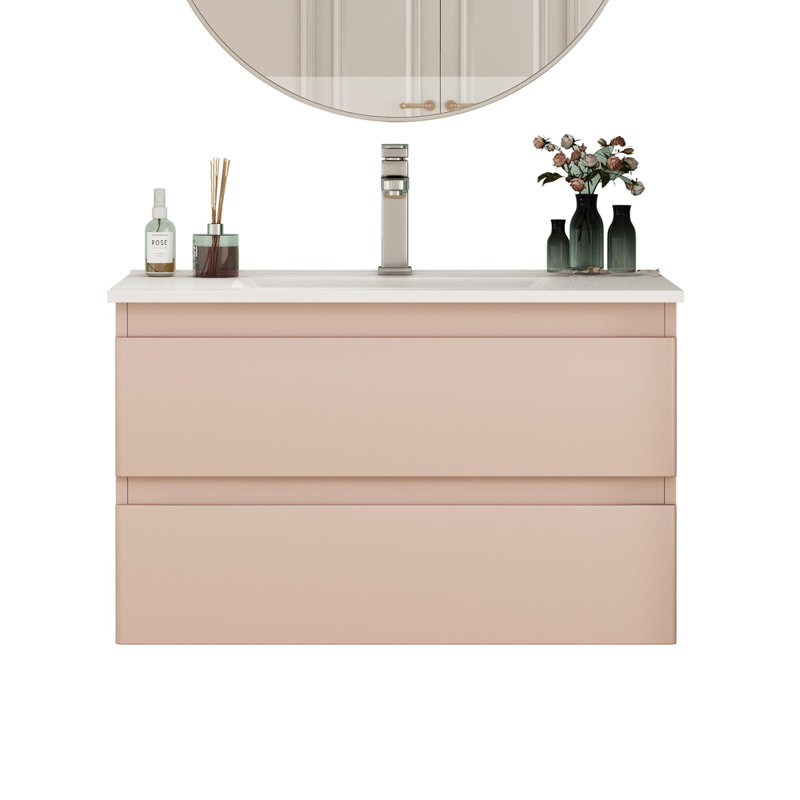Meuble-lavabo mural de 32 pouces avec lavabo combiné, tiroirs doubles, façades de tiroirs arrondies, système de fermeture en douceur, lavabo en céramique, conception sans poignée, bois massif, facile à installer, le robinet n'est pas inclus