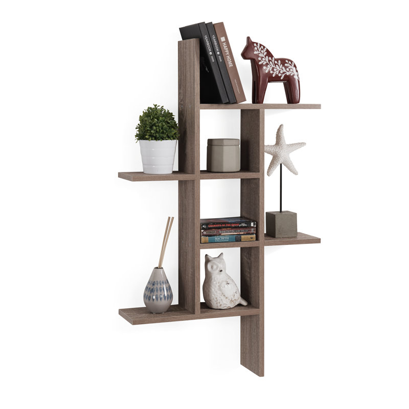Suffield 4-Shelve Manufactured Wood Asymmetrical Tiered Shelf, Weathered Oak