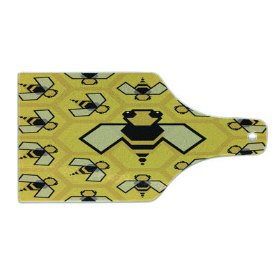 Ambesonne Queen Bee Tempered Glass Cutting Board Digi Geometric Insect Yellow Charcoal Grey