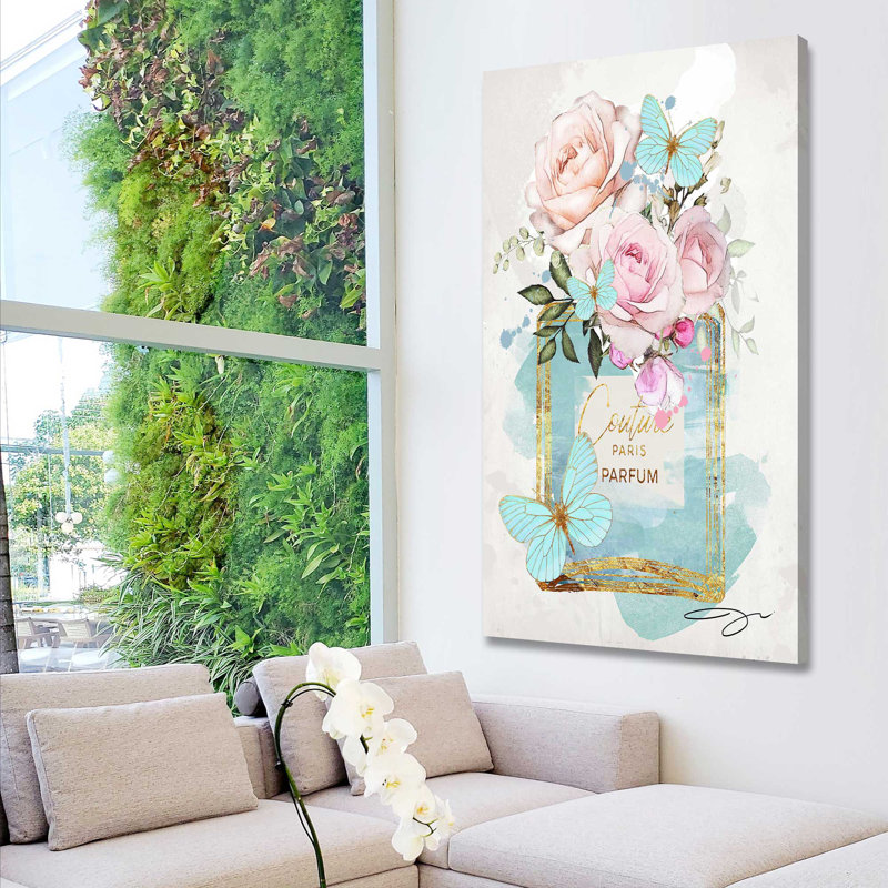 «Parfum Bottle, Flowers & Butterflies (Blue) (Vertical)» par By Jodi - impression, H 40 po x l 24 po x P 1,5 po, Toile tendue