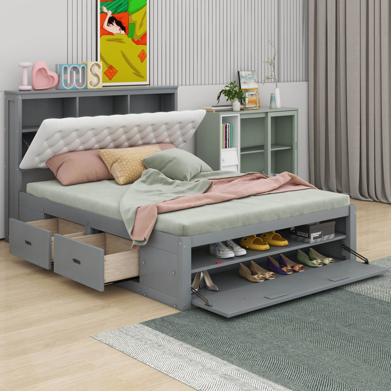 Grand lit plateforme en bois avec tête de lit, 4 tiroirs et range-chaussures, construction en pin massif, assemblage facile