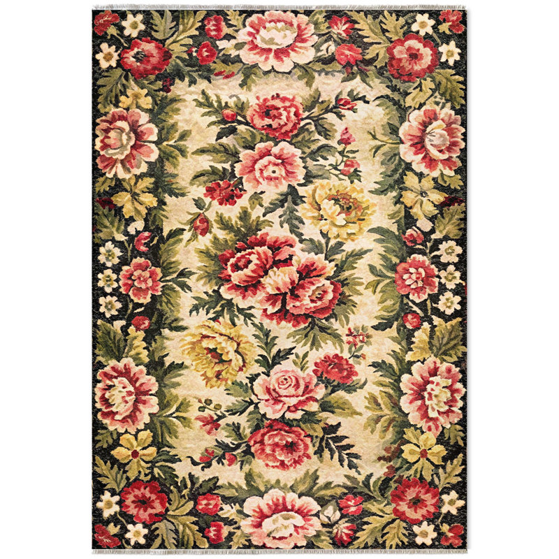 Tapis en chenille de coton à motif floral rose, vert, noir et rétro, Tapis de couloir 4 pi x 9 pi 11 po