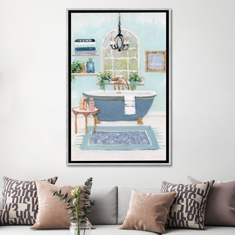 «Blue Bath I» par Sally Swatland - reproduction d'art, H 60 po x l 40po x P 1,5 po, Toile avec cadre argenté, Pas de tapis