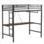 Structure de lit mezzanine simple noire élégante, fabrication en métal et en bois peu encombrante avec bureau intégré, tringle de garde-robe et garde-corps de sécurité