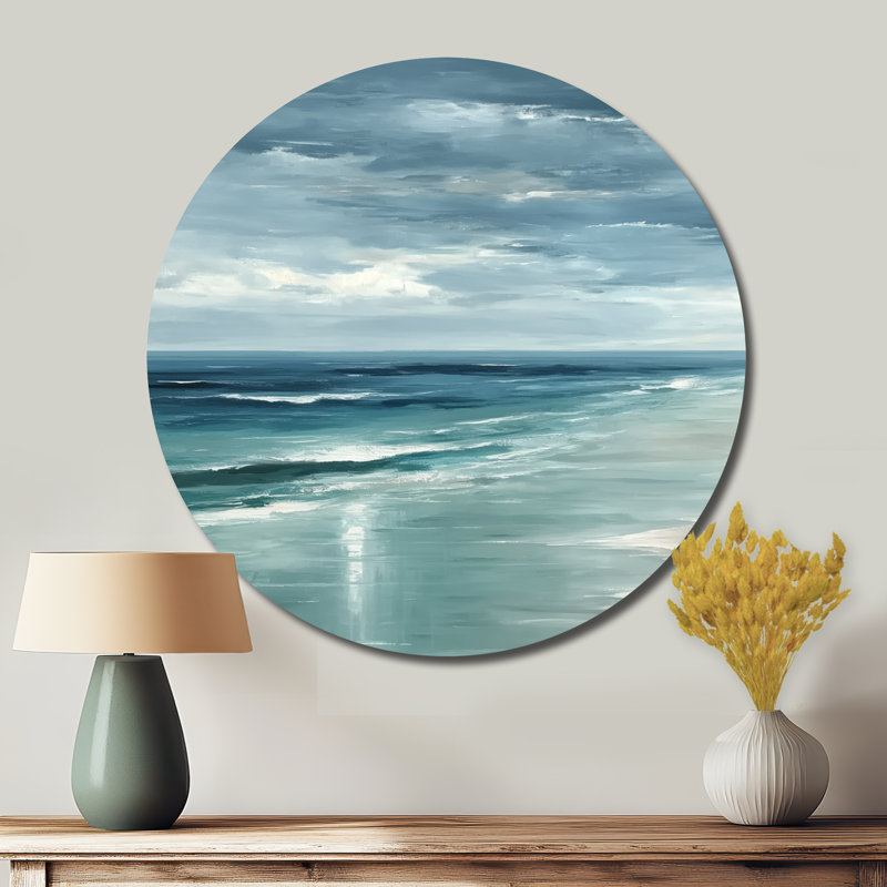 Vagues côtières dans des tons bleus et blancs - Décoration murale ronde traditionnelle en métal, L 29 po x H 29 po