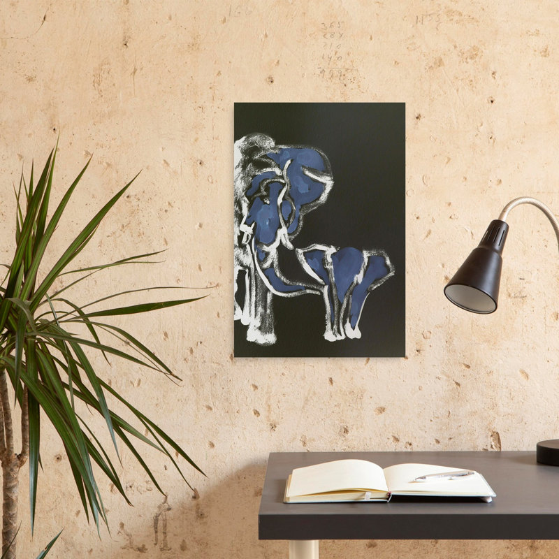 Blue Elephant Family Abstract Contemporary Minimalist Elephant Wildlife Wall Art, 24" H x 16" W