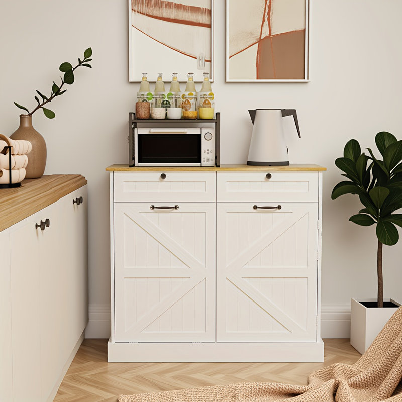 White Kitchen Trash Can Storage Cabinet With 2 Drawers, Tilt-out Bin & Adjustable Shelves – Multi-functional Organizer For Kitchen, Dining Room & Living Room