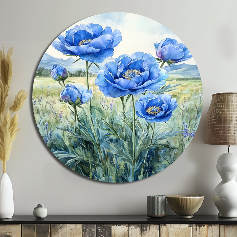 Océan bleu pivoines dans le champ I - impression d'art en métal bleu traditionnel, H 16 po x l 16 po