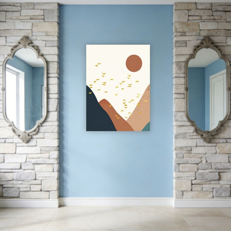 «Boho Mountain», art mural encadré abstrait lune avec oiseaux, art mural non encadré, L 36 po x l 24 po