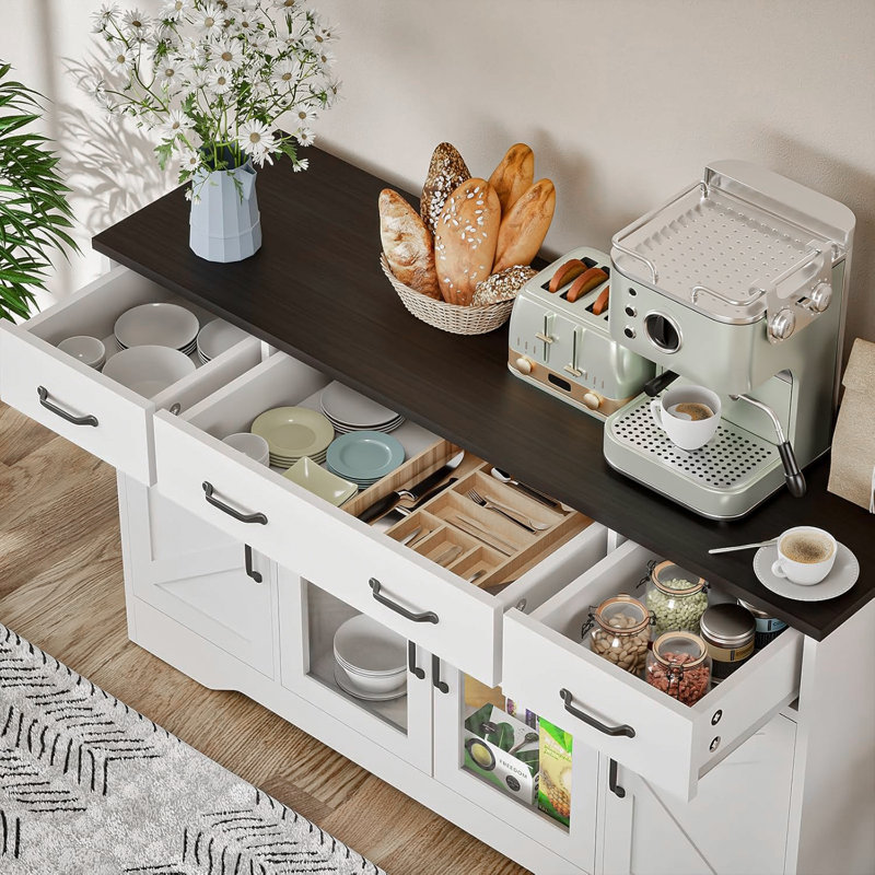Kaileigha 55" Sideboard Buffet Tables With 4 Interchangeable Doors, 3 Drawers
