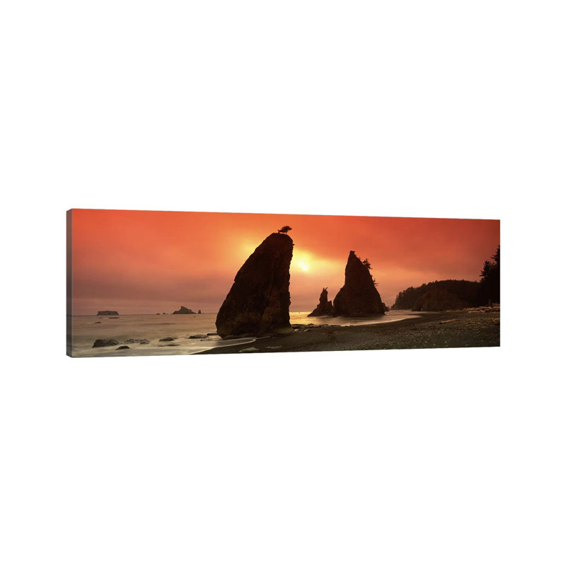 Silhouette Of Seastacks At Sunset, Olympic National Park, Washington State, USA by Panoramic Images - Wrapped Canvas Panoramic Print