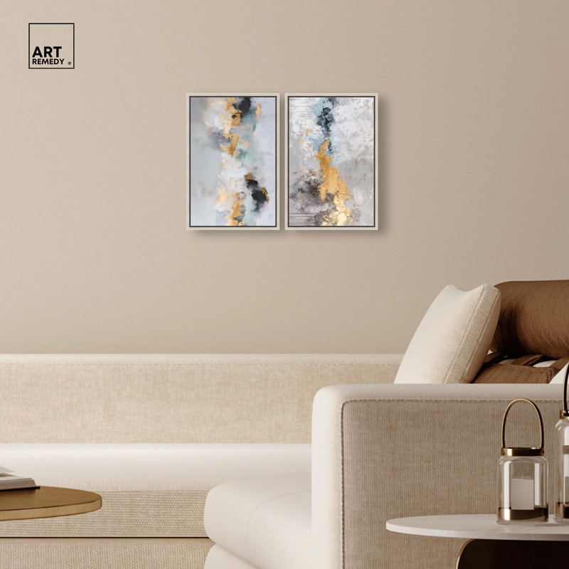 Gilded Luxe Duo Blue Art 2 Panel Set Canvas Print by , Silver, Floater Framed Print without Mat, 16" H x 11" W