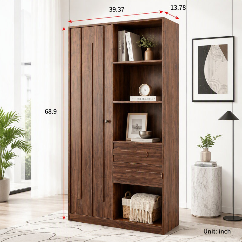 Grande armoire de rangement autoportante avec portes cannelées, tiroirs et tablettes ouvertes