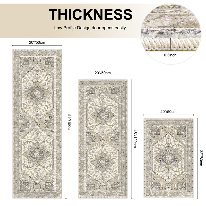 Tapis et tapis de cuisine rétro antidérapant lavable (ensemble de 3), Brun / Gris
