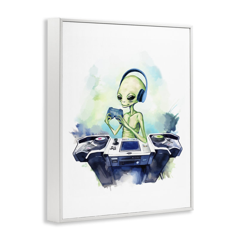 Tech Alien jouant à des jeux vidéo, estampe numérique, design par Lil 'Rue, H 30 po x l 24 po