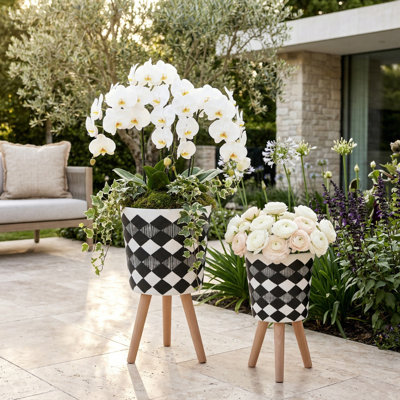 Hand-Painted Resin Planters with Beech Wood Legs, Geometric Pattern Indoor & Outdoor Decorative Plant Stands for Patio, Living Room, Garden, and Home Décor, Set of 2