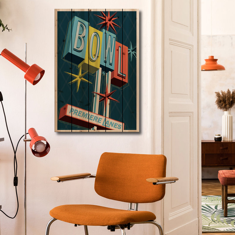 Reproduction d'art mural en bois - affiche de voyage Premier Lanes Bowling par Jim Zahniser, H 40 po x l 26 po