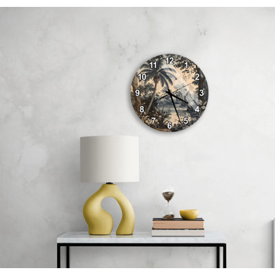 Horloge murale rétro paysage tropical - art de palmier en verre trempé - décor de jungle nature antique, cadeau de maison botanique rustique