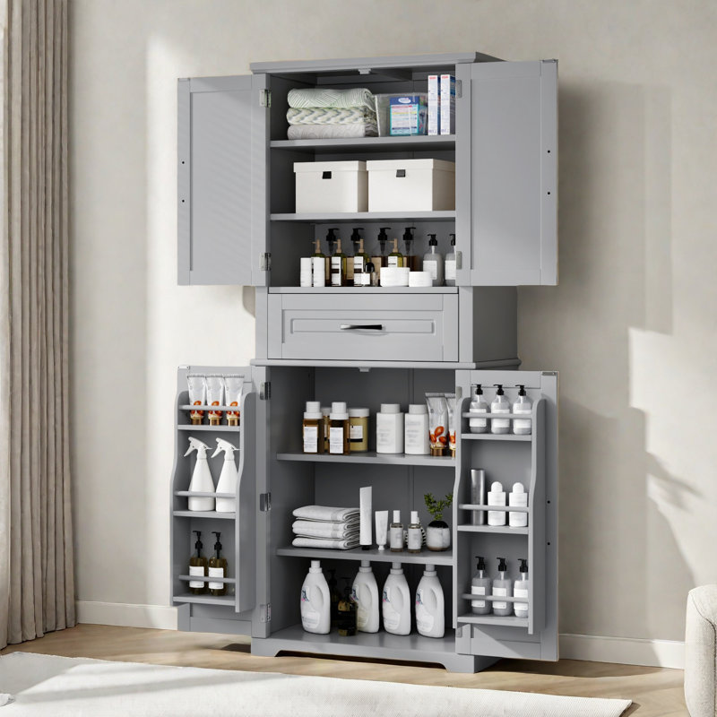 Rangement de salle de bain Marian avec 1 tiroir, armoires de rangement, tablette réglable et tablettes de porte, Gris