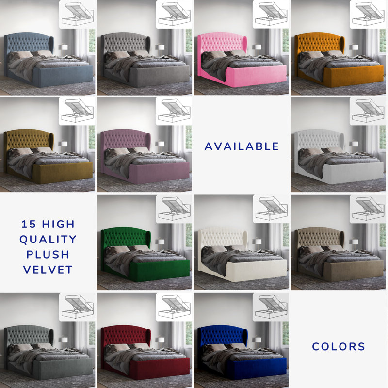 Katelin Chesterfield Ottoman Storage Bed - Soft Velvet Upholstered Gas Lift Bed Frame, Double (4'6), Steel