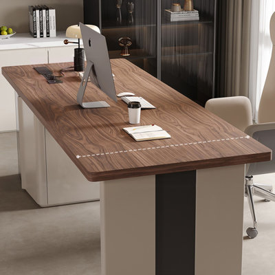 Nut-brown + Beige-white + Black Rectangular Manufactured Wood + Glass desk