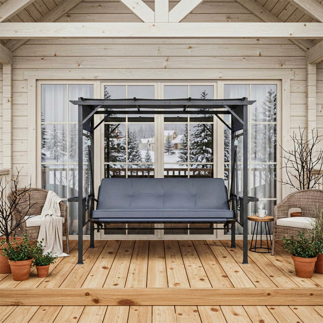 3 Seat Porch Swing Bed, Outdoor Patio Metal Pergola Swing Bench