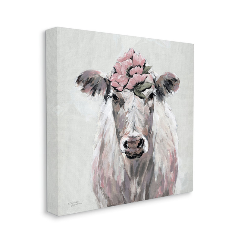 Botanical Cow Cattle Flower Blossom Canvas Wall Art, 36" x 36"