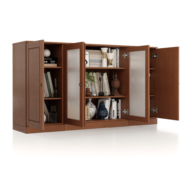 100% Solid Wood 65" Sideboard with Solid, Frosted Glass Doors and Adjustable Shelves, Mocha