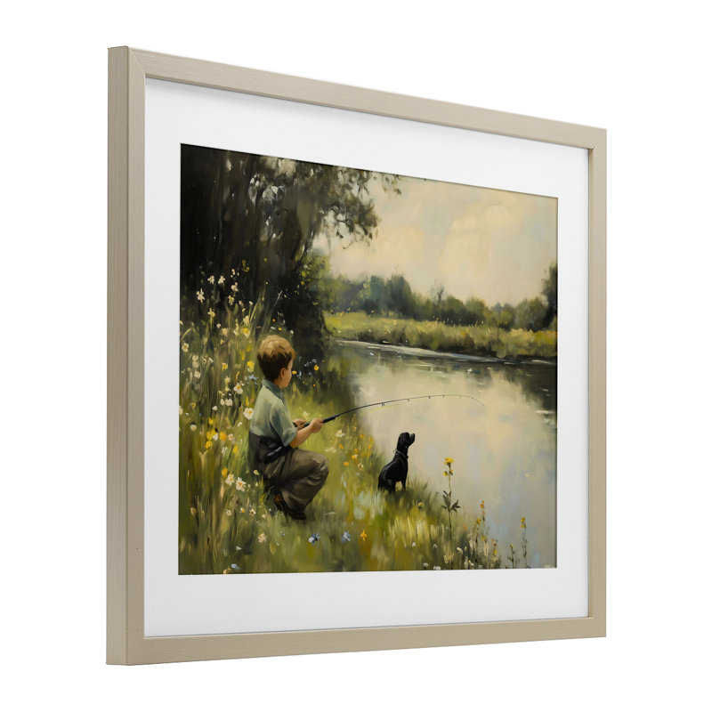 «Boy & Puppy Fishing», reproduction encadrée sous verre, design par Arlington Prints, H 17 po x l 21 po