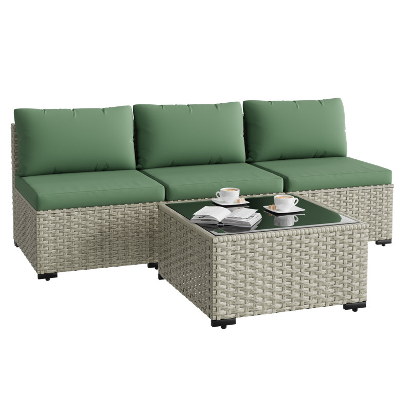 Ensemble de canapé d'extérieur en osier pour 3 personnes avec coussin, Vert
