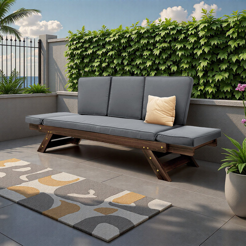 Outdoor Adjustable Patio Wooden Daybed Sofa Chaise Lounge With Cushions For Small Places, Brown, Gray
