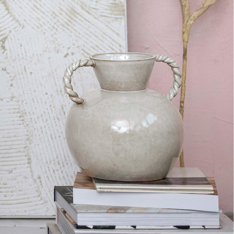 9.25 Inches Stoneware Vase with Twisted Handles and Reactive Glaze, Cream