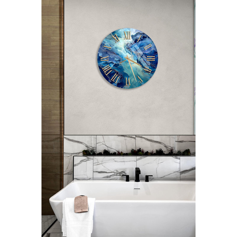 Horloge murale en verre trempé, art abstrait en marbre bleu, style moderne, horloge décorative, décoration murale unique