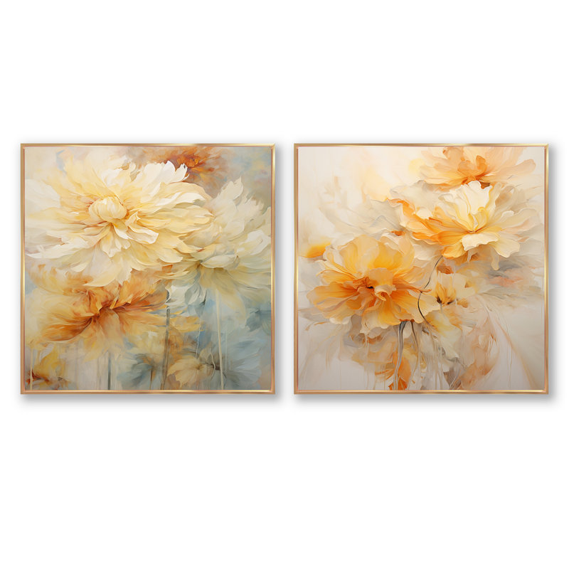 Bouquet de feuilles mortes élégantes pêche et souci III - lot de collages carrés souci, Cadre flottant doré