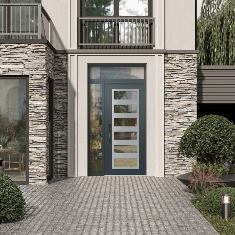C9 droite 52 po X 96 po Panneau d'entrée en verre argenté anthracite et anthracite à panneau avec porte d'entrée pré-montée en verre Sidelite