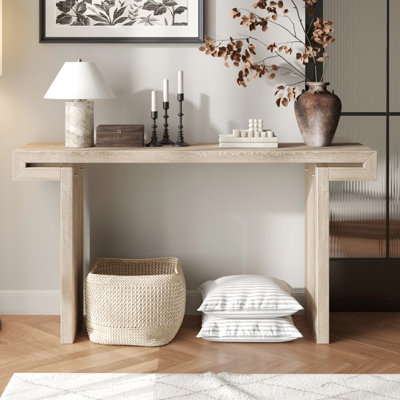 Console 60 pouces avec bois vieilli et finition naturelle pour le couloir du salon - charme, conception multi-espaces, table rectangulaire, base en forme de H, entrée de style rustique, hauteur standard, pieds,