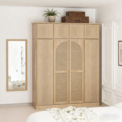 Armoire-penderie de 70,87 po de hauteur à 8 portes de grande capacité avec tringle, étagères réglables et portes décoratives en rotin, armoire de rangement pour vêtements pour chambre à coucher, penderie, salon, naturel