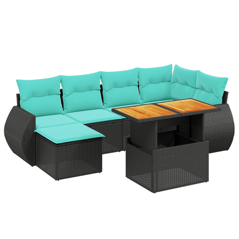  Ensemble de canapé de patio 7 pièces avec coussins en rotin de polyester, Noir, Vert