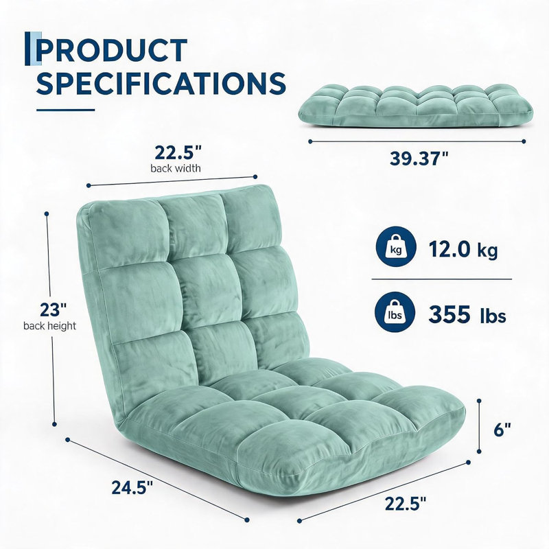 Chaise de plancher pliante avec support de dossier, 14 positions réglables, Blue Fabric