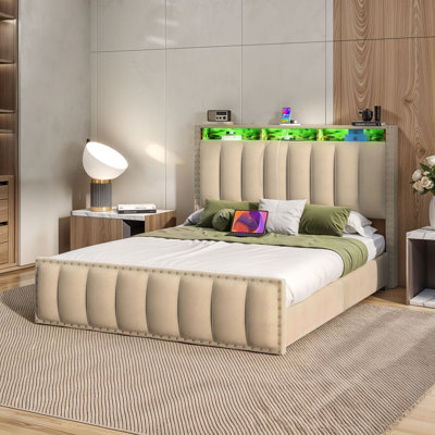 Upholstered Bed Frame with Drawers and Shelves