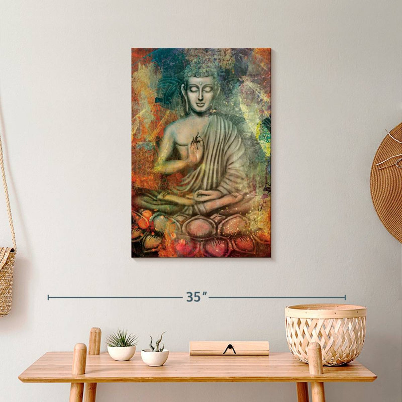 Bouddha assis en couleurs sur toile, H 24 po x l 16 po x P 1,25 po