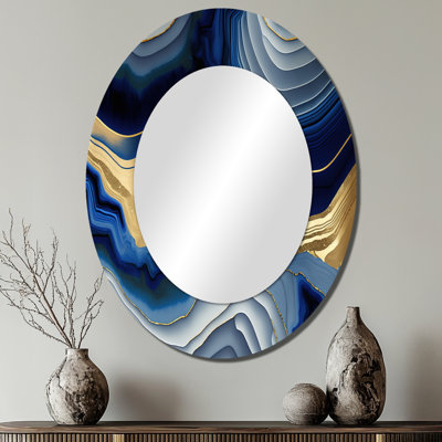 Vibrant Blue And Gold Flow Art I - Modern Oval Wall Mirror