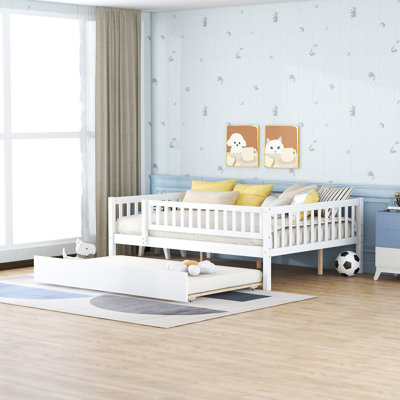 Wood Daybed With Trundle And Fence Guardrails