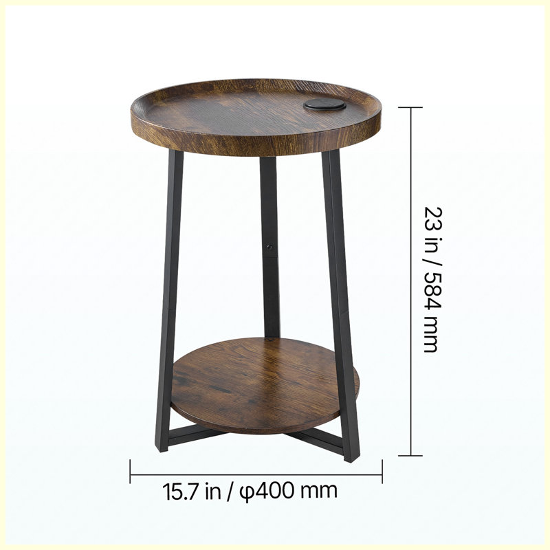 Table de bout ronde à 2 niveaux avec ports de charge USB et CA, table de chevet moderne en bois avec tablettes de rangement ouvertes pour le salon, la chambre à coucher, le bureau, brun