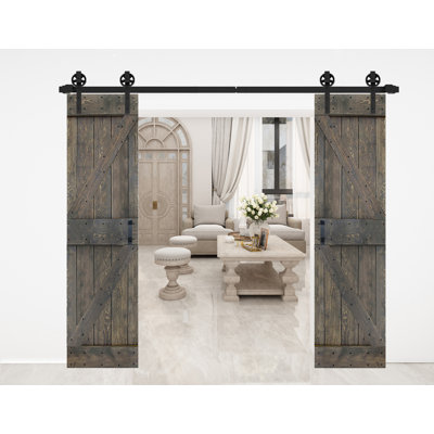 K style Paneled Solid Core Wood Double Sliding Barn Door with Hardware Kit (Set of 2) - Assembly Needed